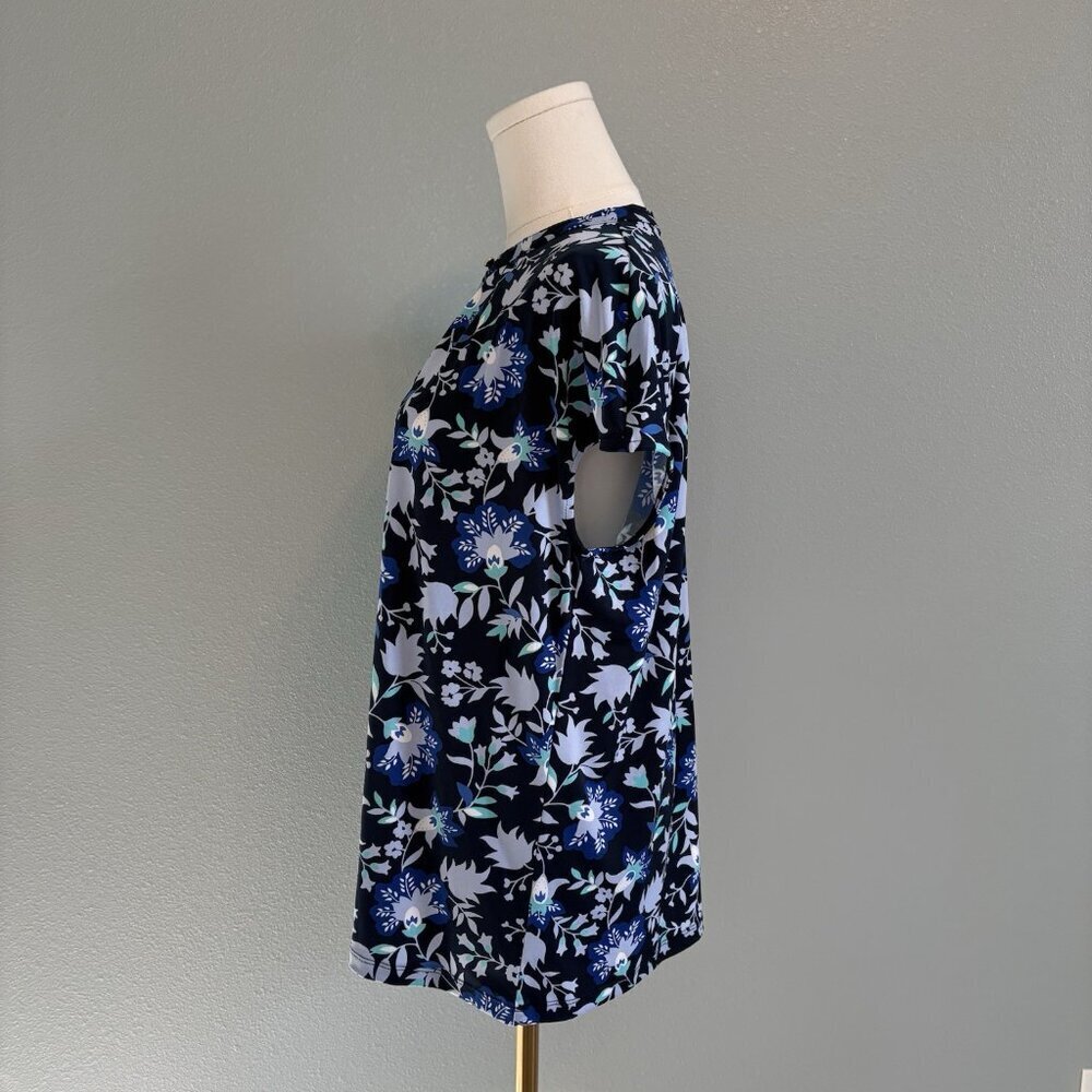 Liz Claiborne Women's Large Blue Floral Soft Stretch Work Causal Cap Sleeve Top - Picture 5 of 9